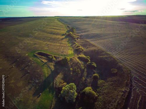 Aerial view landscape with meadows on sunny day