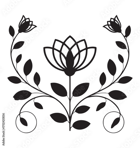 Black Silhouette Floral Wreath Design circular