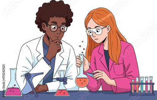 Two young scientists working in laboratory, conducting chemical experiment, observing reactions, analyzing results, wearing lab coats, flat vector illustration