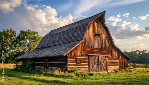 Wallpaper Mural Rustic Wooden Barn Under Blue Sky with Fluffy Clouds and Green Grass Torontodigital.ca