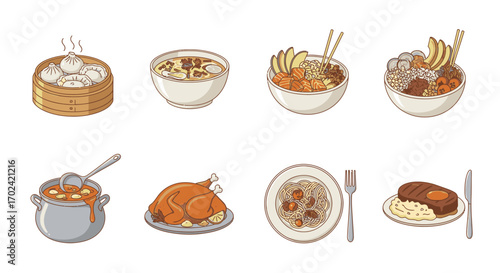 Various delicious Asian dishes and Western cuisine served in bowls and on plates for a delightful meal