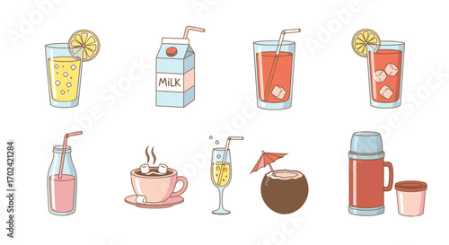 Colorful cartoon icon set featuring a variety of popular beverages. A diverse collection of illustrated drinks including juice, milk, cocktails, and hot chocolate