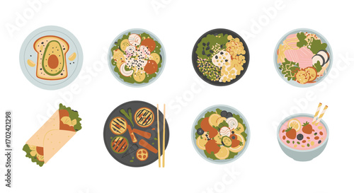 A diverse set of healthy vegan and vegetarian meals, including salads, bowls, and toasts, presented as a colorful flat vector illustration