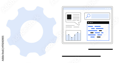 Web browser interface featuring graphs, text, and search bar next to a large gear icon. Ideal for technology, automation, analytics, software development, productivity, system optimization simple