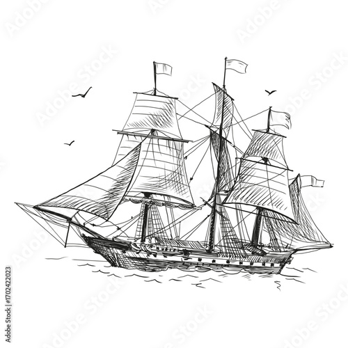 Old vintage sailing boat, caravel, hand-drawn vector sketch