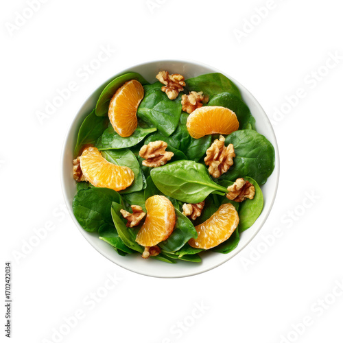 Fresh Spinach Salad with Mandarin Oranges and Walnuts in a White Bowl
