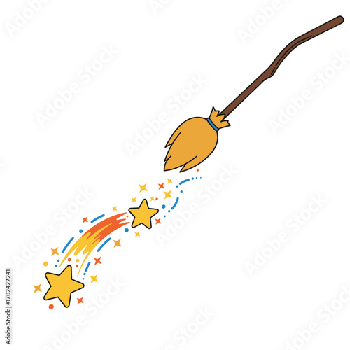 Whimsical vector of broomstick transforming into a magical shooting star for halloween