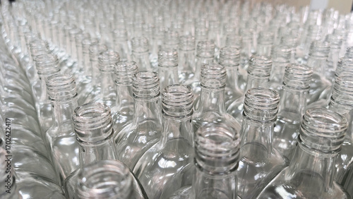 Rows of clear, empty glass bottles on an assembly line in a clean, modern factory setting