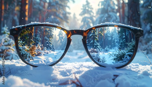 Stunning winter wonderland revealed within stylish glasses, capturing the magic of snowy forest scenery and a serene holiday escape