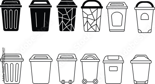 Trash can icon set, garbage bin silhouette, waste container vector, recycling bin clipart, outline dustbin illustration, sanitation container icons