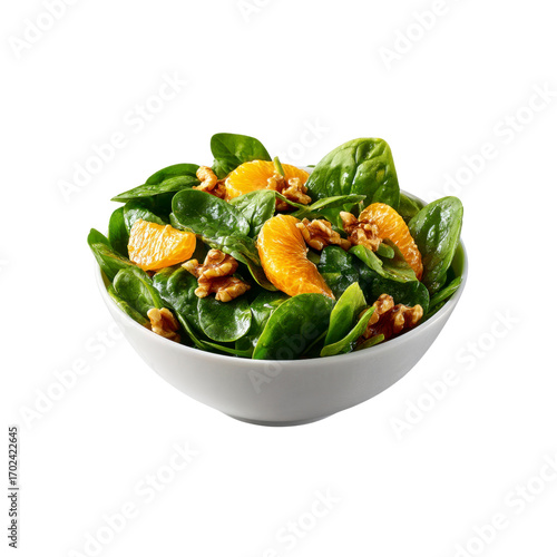 Fresh Spinach Salad with Mandarin Oranges and Walnuts in White Bowl