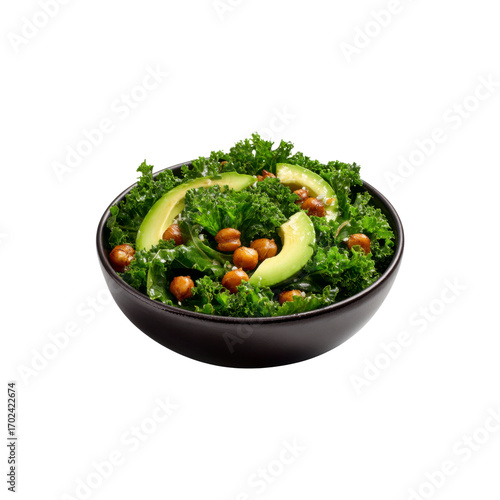 Delicious and Healthy Kale Salad with Avocado and Roasted Chickpeas in a Black Bowl
