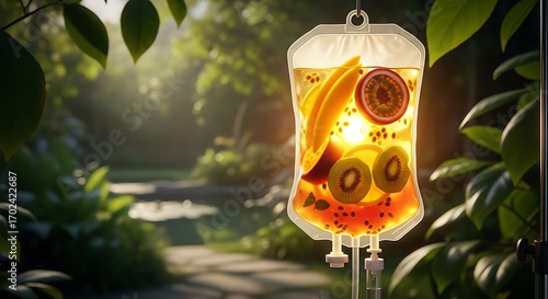 IV Drip Bag Filled With Fresh Fruits In A Lush Green Nature Setting.