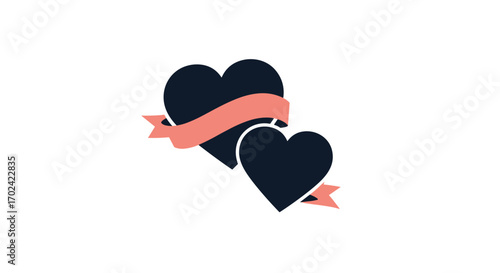 Two dark hearts with a pink ribbon adorning them symbolizing love and affection with elegant simplicity