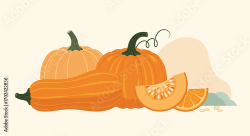 Harvest bounty featuring pumpkins squash and gourds in a warm autumnal arrangement