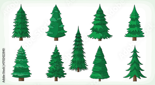 Collection of various pine trees in a forest setting on a white background