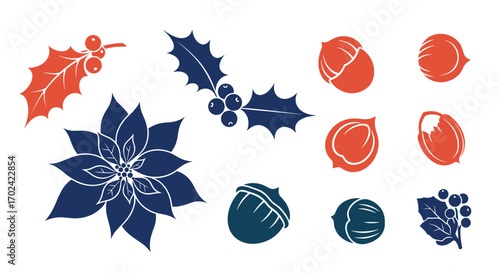 Festive winter botanical elements and nut collection ideal for holiday crafts and decorations
