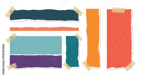 Colorful torn paper strips attached with adhesive tape ready for design elements