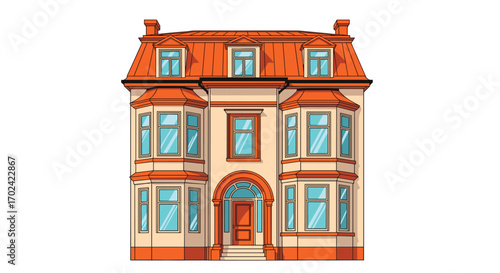 Charming victorian style residential house with orange roof and bay windows detailed facade