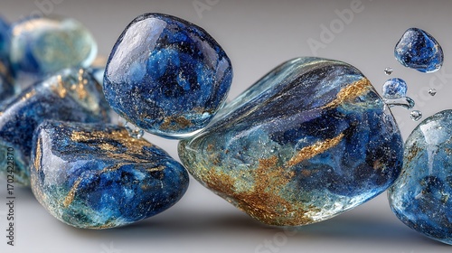 Shimmering Blue and Gold Minerals on Gray Background with Sparkle