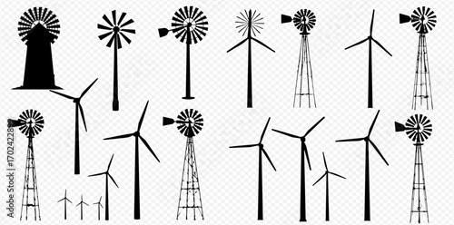 A diverse set of black silhouette icons depicting traditional multi-bladed windmills and modern three-bladed wind turbines for power generation.