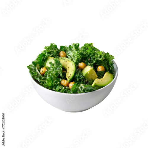 Fresh Kale Salad with Avocado and Chickpeas in White Bowl