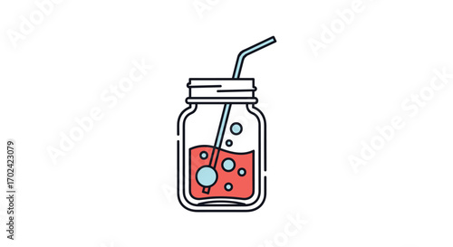 Refreshing summer drink in a glass jar with a blue straw and bubbles enjoying a cool beverage on a sunny day
