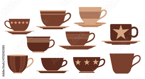 Collection of various coffee cups and saucers for beverage enjoyment