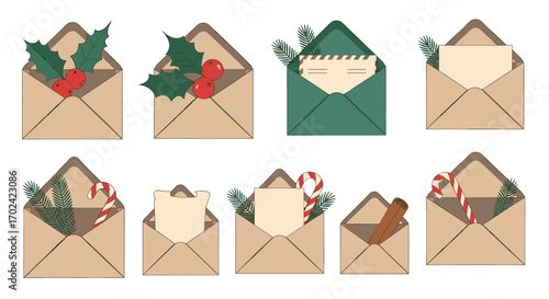 Festive holiday mail illustrations featuring seasonal embellishments and blank stationery cards