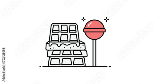 Delicious chocolate waffles with a sweet pink lollipop in a tasty treat display