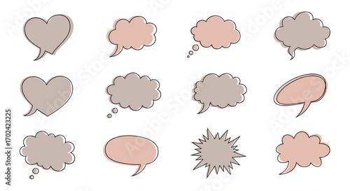 Set of hand drawn speech bubbles and thought clouds in various shapes and sizes for conversation and communication concepts