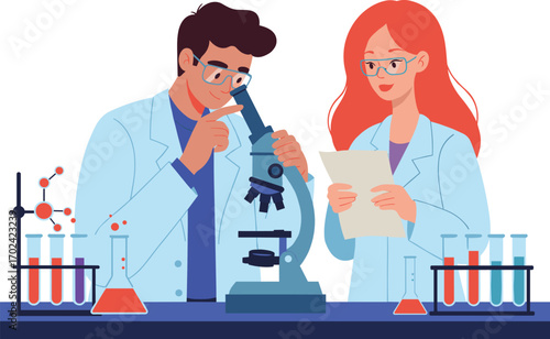 Male and female scientists working in laboratory, using microscope, analyzing data, surrounded by colorful test tubes and equipment, research concept, flat vector illustration
