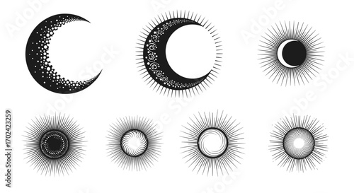 Cosmic celestial bodies representing lunar phases and solar eclipses in a vintage style artistic illustration
