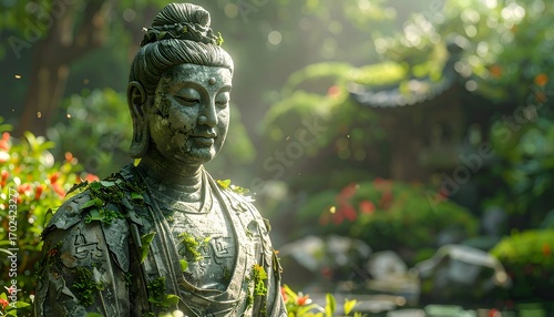 Serene Buddha statue in lush garden, evoking peace and tranquility, perfect for wellness retreats and meditation.