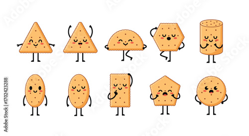 Whimsical collection of anthropomorphic snack shapes with expressive faces and dynamic poses for playful designs