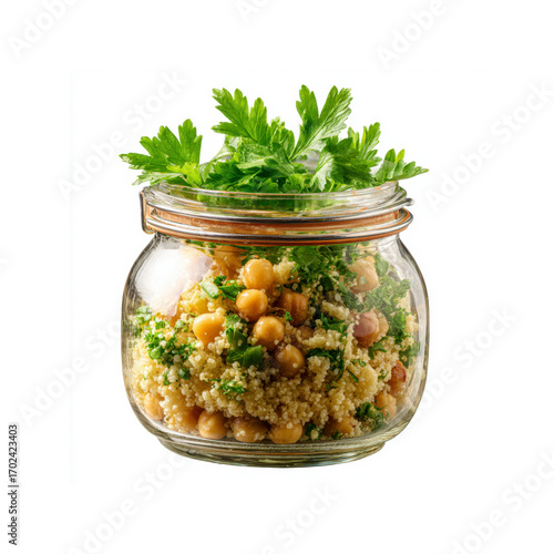 Delicious Couscous Salad with Chickpeas and Parsley in a Glass Jar