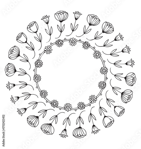 Hand-drawn floral wreath with roses and lilies