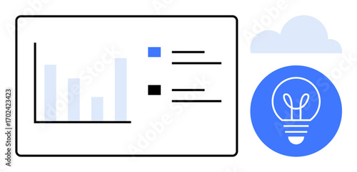 Bar chart with legend next to blue lightbulb icon and cloud. Ideal for data trends, analysis, innovation, business growth, brainstorming, cloud solutions, and simple landing page