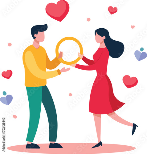 Romantic illustration of a couple exchanging wedding rings during a ceremony