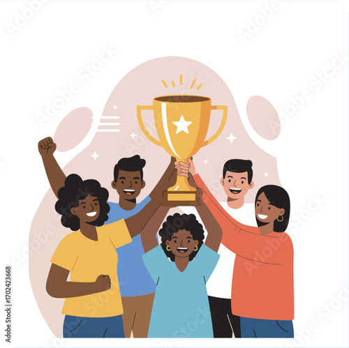 Illustration of a happy multicultural group winning a prize. Cheerful diverse people lift a champion cup in celebration of their shared success