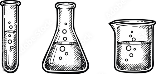 Hand-Drawn Laboratory Glassware Vector with Bubbling Liquid in Test Tube, Erlenmeyer Flask, and Beaker for Science, Chemistry, and Experiment Concepts