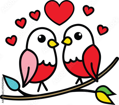 Charming illustration of two lovebirds perched on a twig
