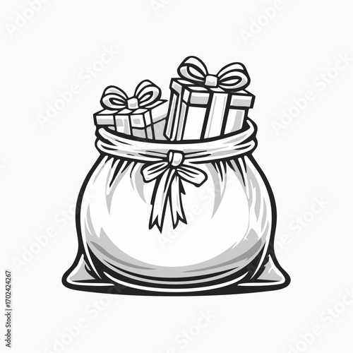 Stylized monochrome drawing showcasing a generous sack filled to the brim with various decorative gift boxes, representing special occasions and the joy of giving