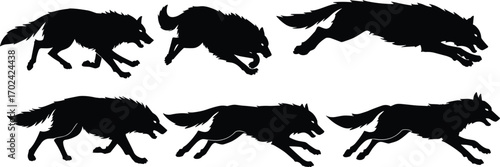 Running wolf silhouette vector, wild animal illustration, predator in motion graphic, forest creature artwork, black wolf shape design