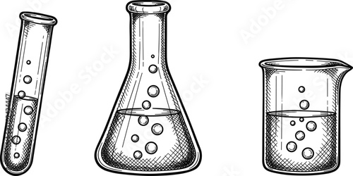 Hand-Drawn Vector Illustration of Laboratory Test Tube, Erlenmeyer Flask, and Beaker with Bubbling Chemical Liquid for Science and Research Concepts