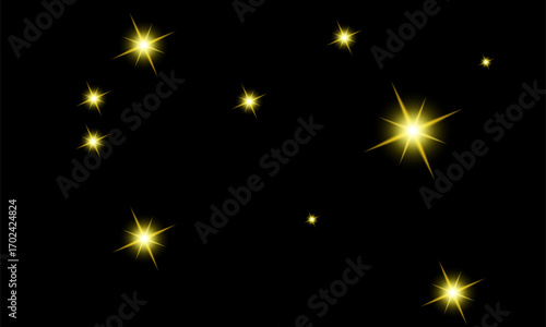 Golden glowing star sparkles on black background, shiny light burst effect, bright glitter particles, luminous twinkling night sky decoration
