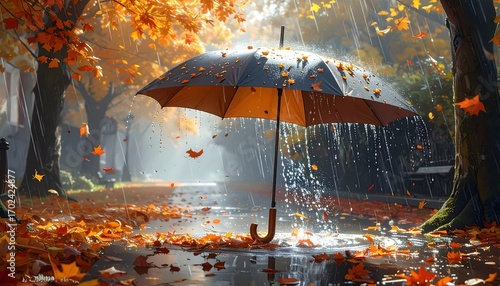 Autumn rain scene with umbrella protecting from falling leaves on a wet street, vibrant colors and peaceful atmosphere