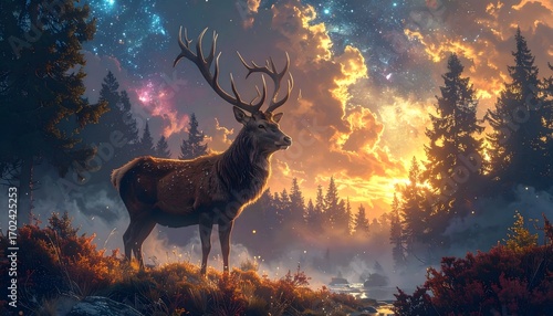 Majestic stag standing proudly in a stunning forest bathed in golden sunset light with a starry night sky