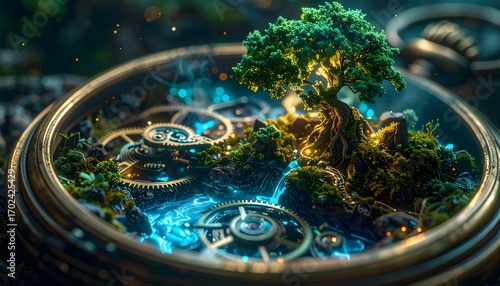 Miniature world inside a pocket watch with a glowing tree, gears, and a flowing river of light for a captivating, surreal design