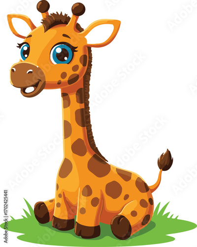 Cute cartoon baby giraffe sitting on grass animal